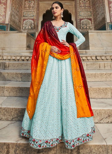 Trustworthy Sky Blue Georgette Thread Embroidered Gown